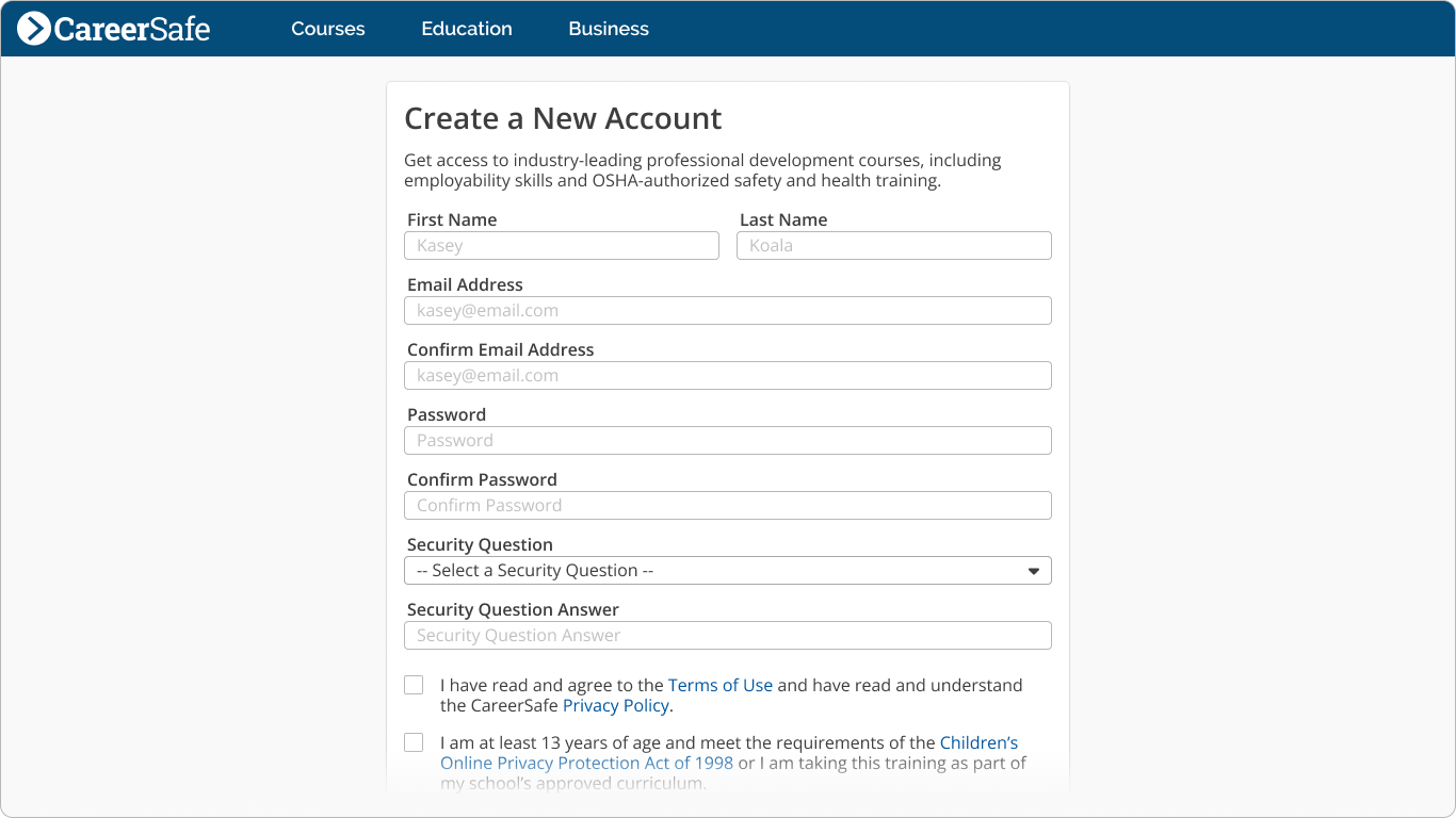 screenshot: Create Account page