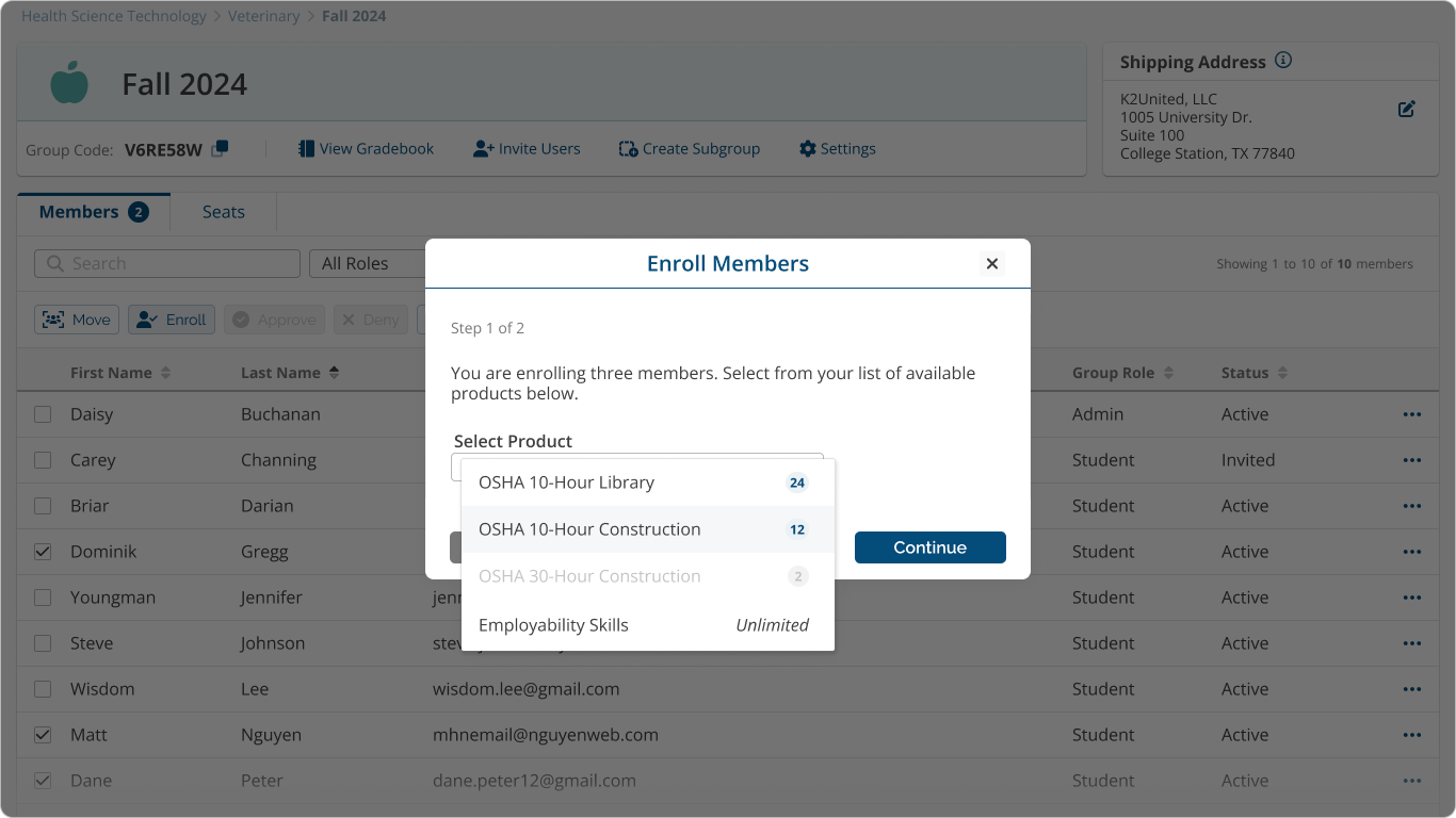 screenshot: Enroll Members Bulk modal