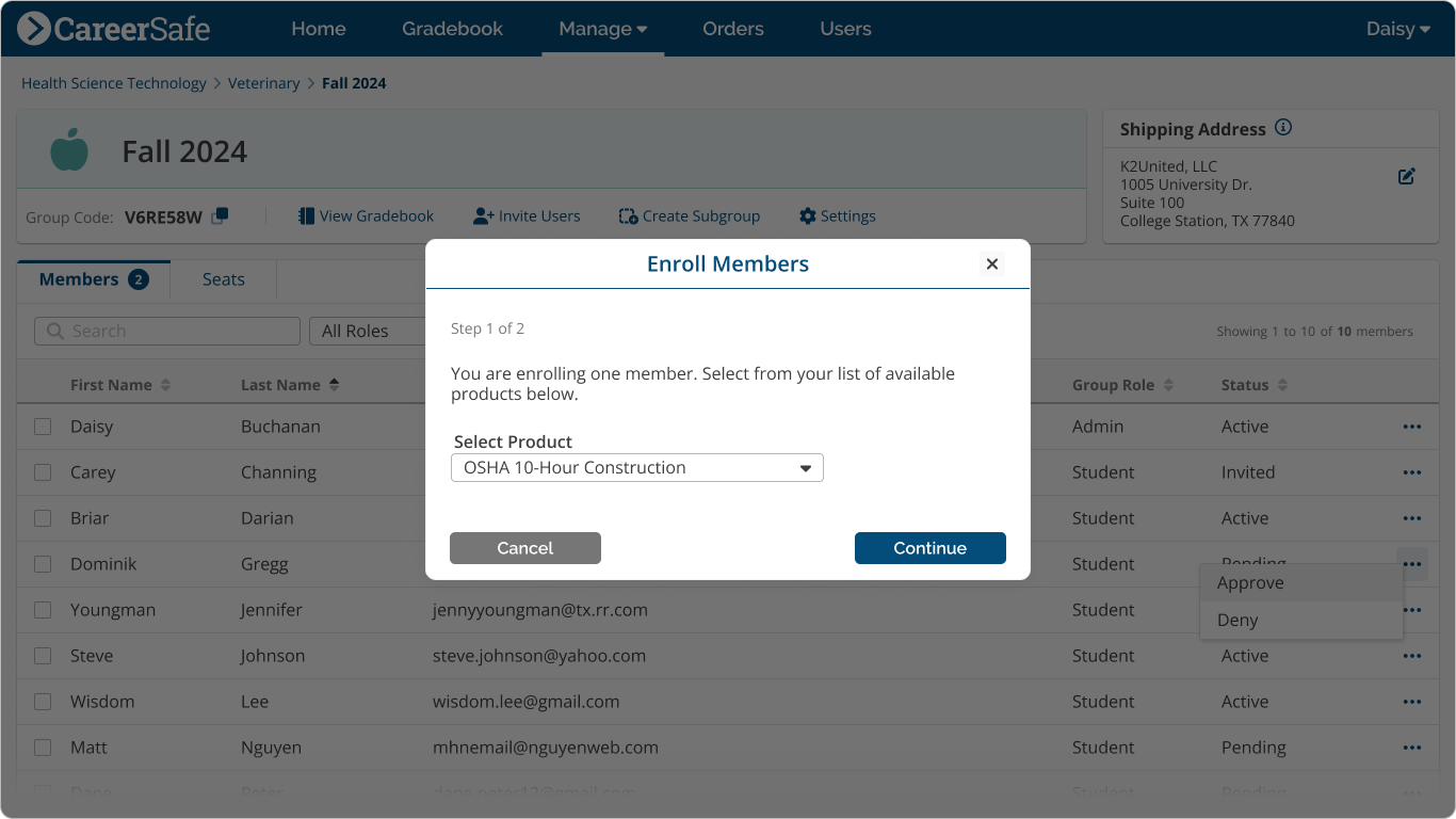 screenshot: Approve/Enroll Member Individual modal