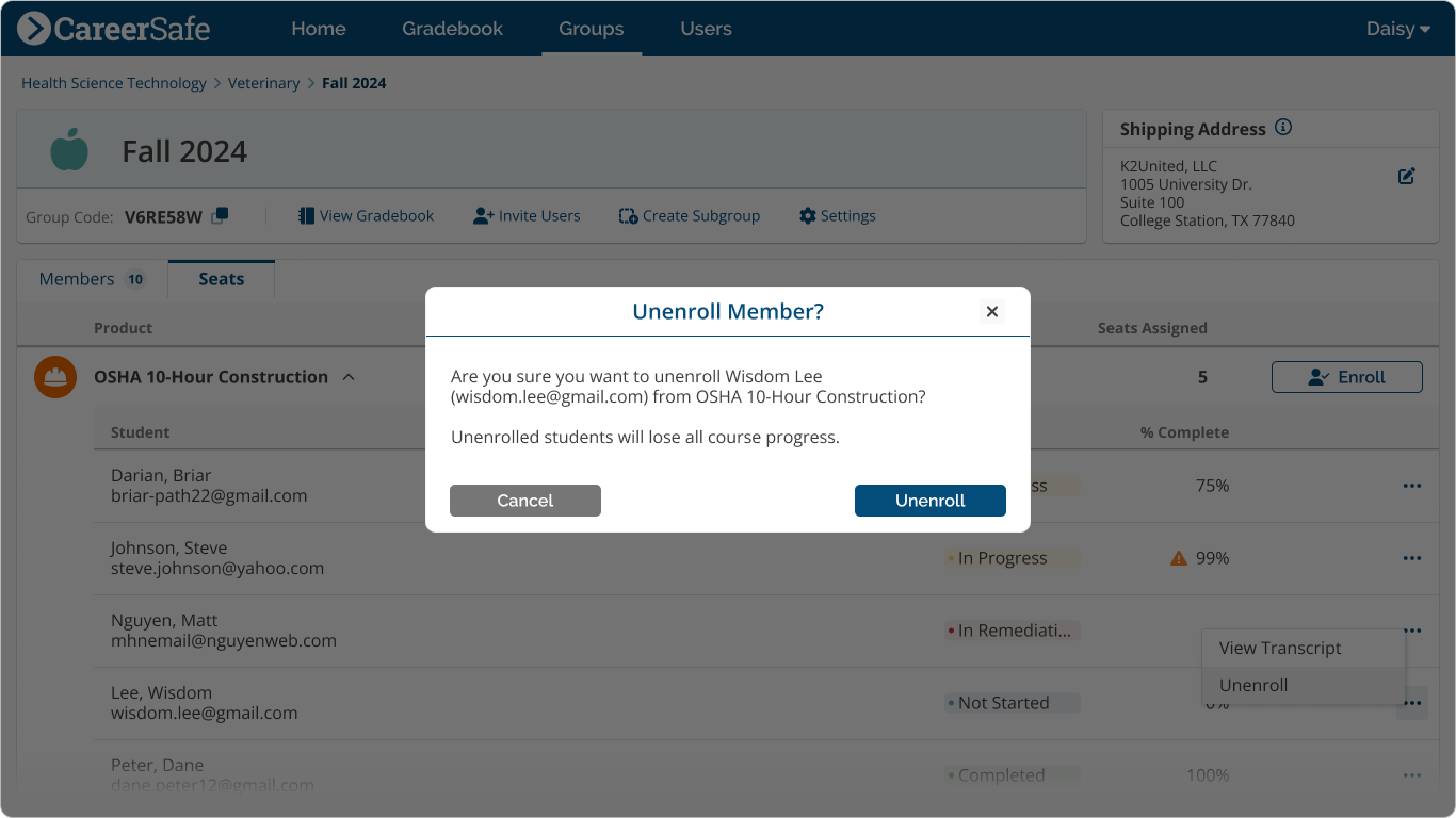 screenshot: Unenroll Modal