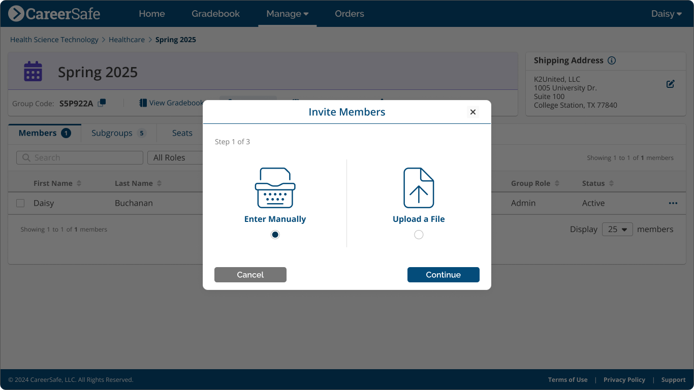 screenshot: Invite Members modal showing Manually/Bulk option