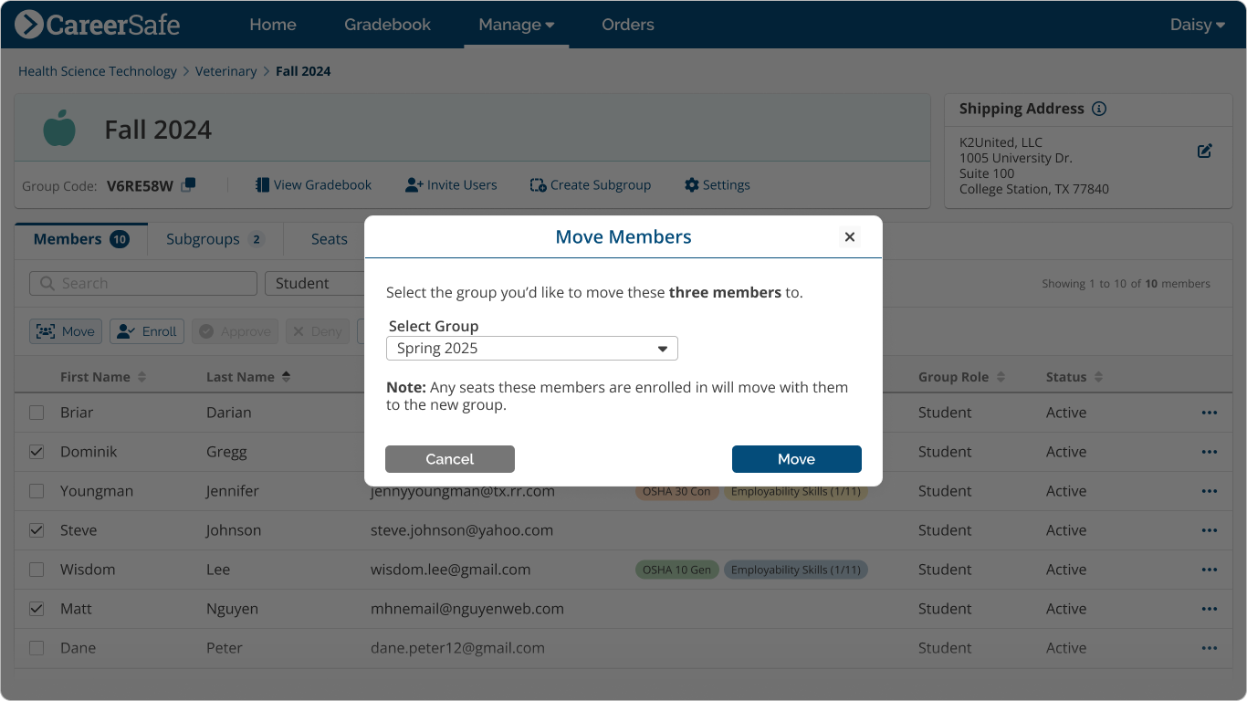 screenshot: Move Members bulk action modal