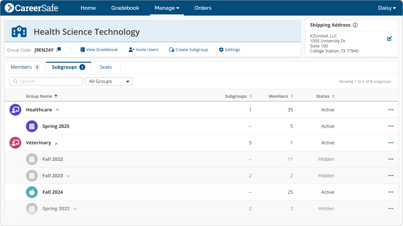 screenshot: Subgroups Tab