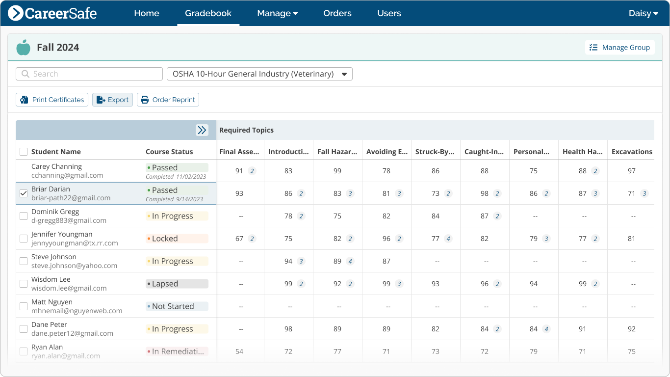 screenshot: Bulk Actions Gradebook