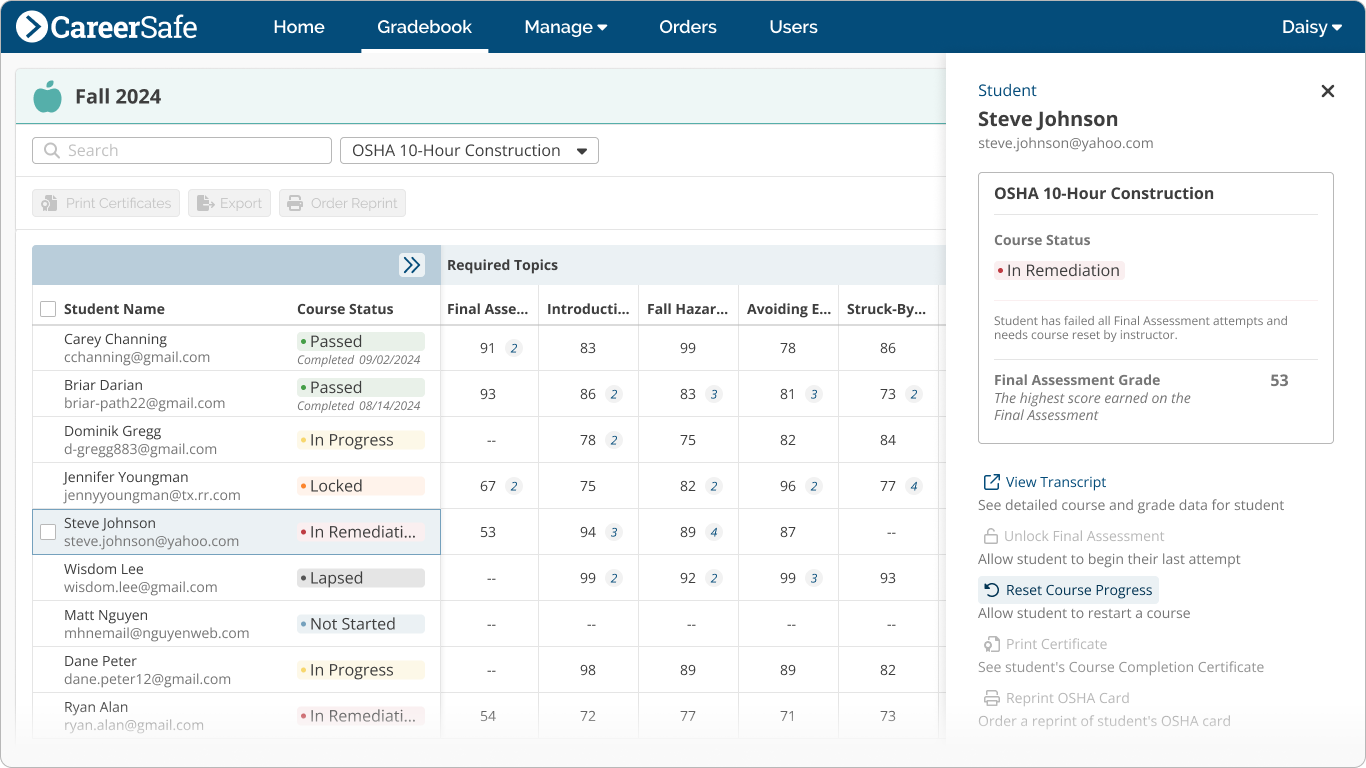 screenshot: Gradebook Student Drawer Course Reset