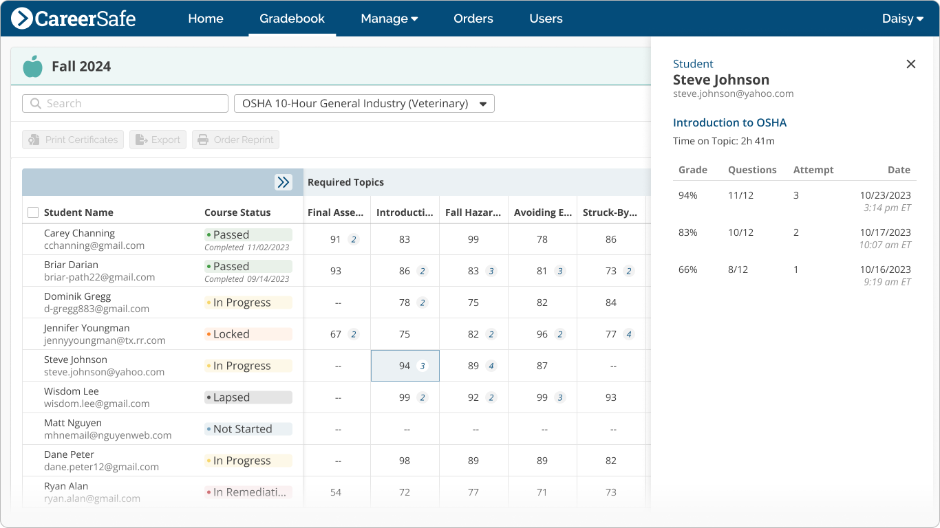 screenshot: Topic Detail Drawer Gradebook