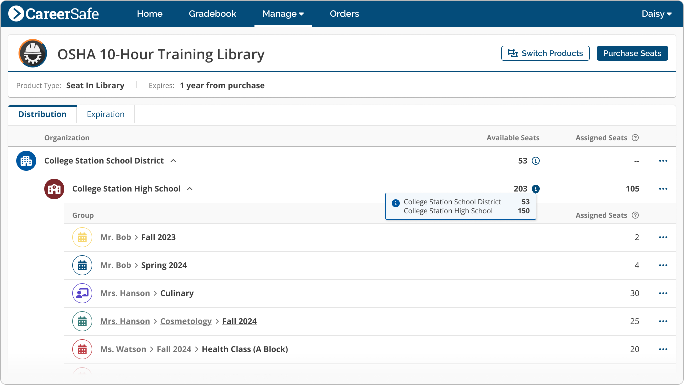 screenshot: Manage Seats Distribution with tooltip