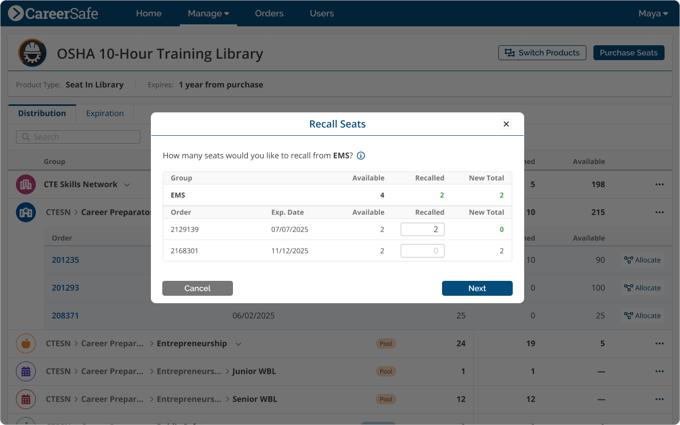 screenshot: Seat Recall form example