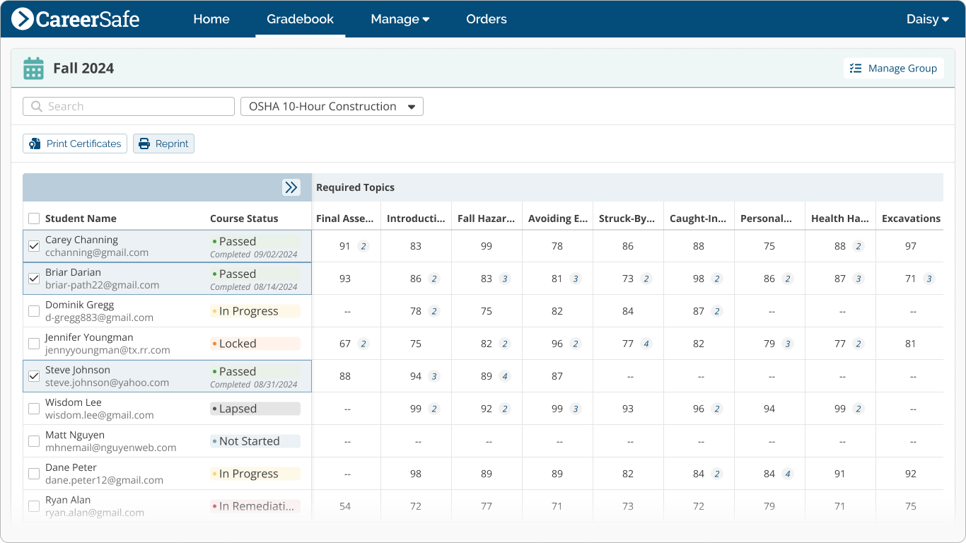 screenshot: Gradebook Reprint Multiple 