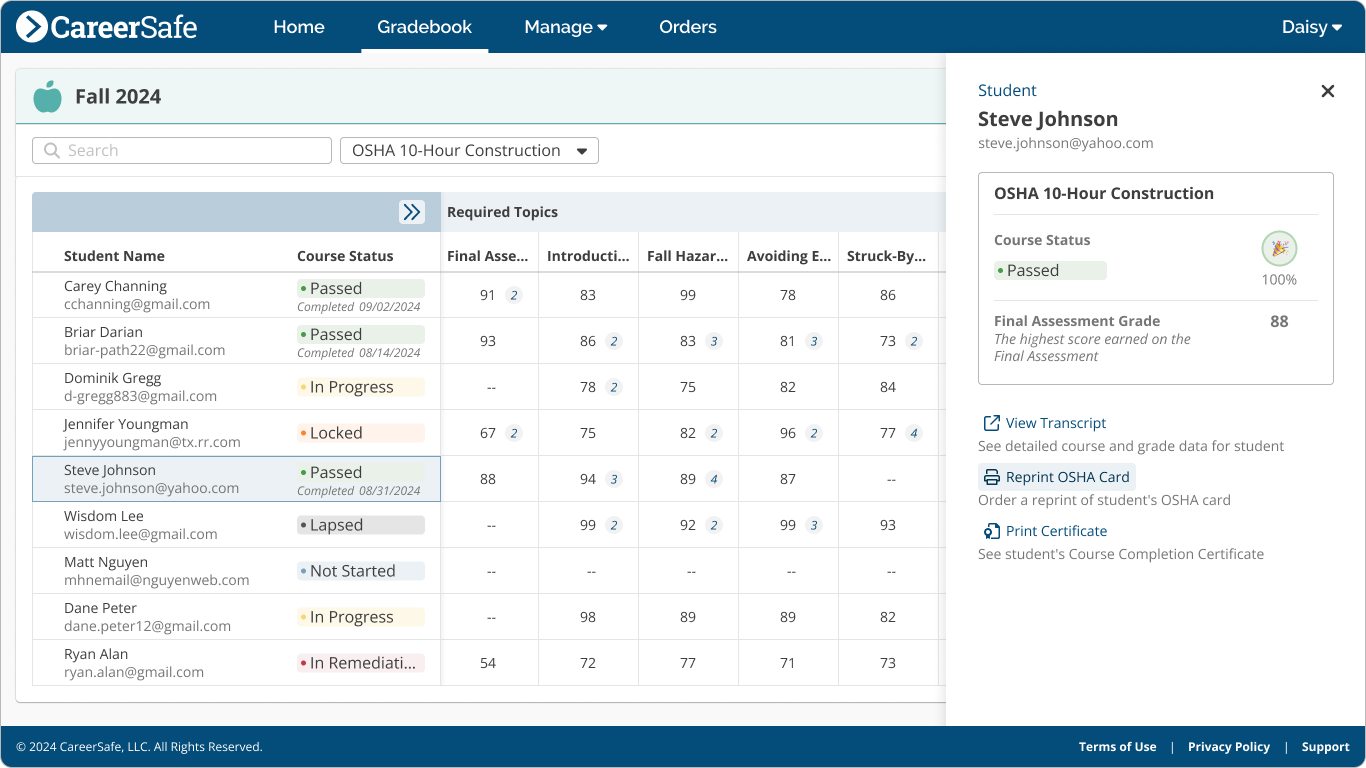 screenshot: Gradebook Student Drawer Reprint