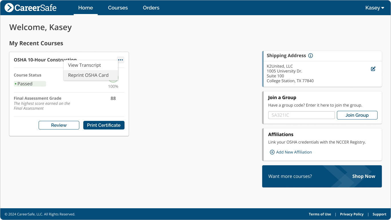 screenshot: Individual Home page